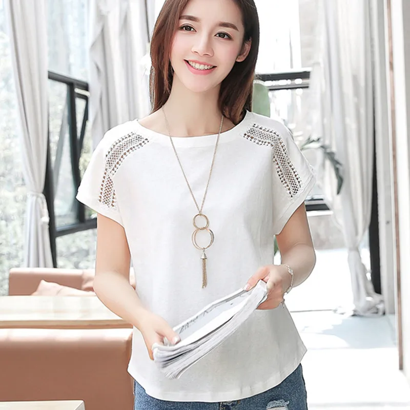 Женская хлопковая Футболка с рукавами летучая мышь однотонная льняная вырезами