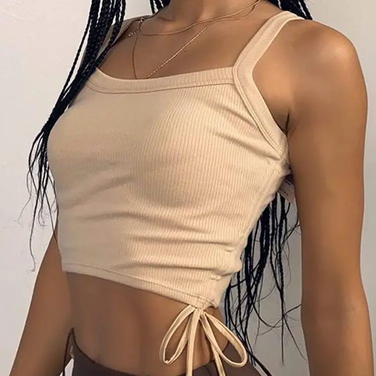 

Summer Casual Cami Top Rib Knit Side Ruched Cropped Top Sleeveless Backless Vest Women Basice Khaki White Strappy Top Streetwear