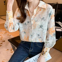 fashion woman shirt 2021 silk printed floral blouse for women satin long sleeve top womens polo neck button basic chiffon shirts