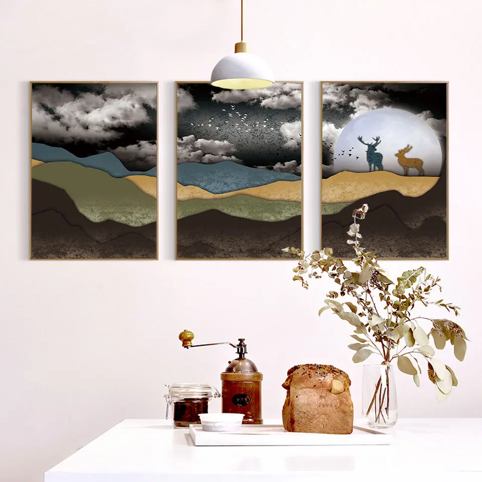 Абстрактный постер с изображением гор оленей холста картина темные облака