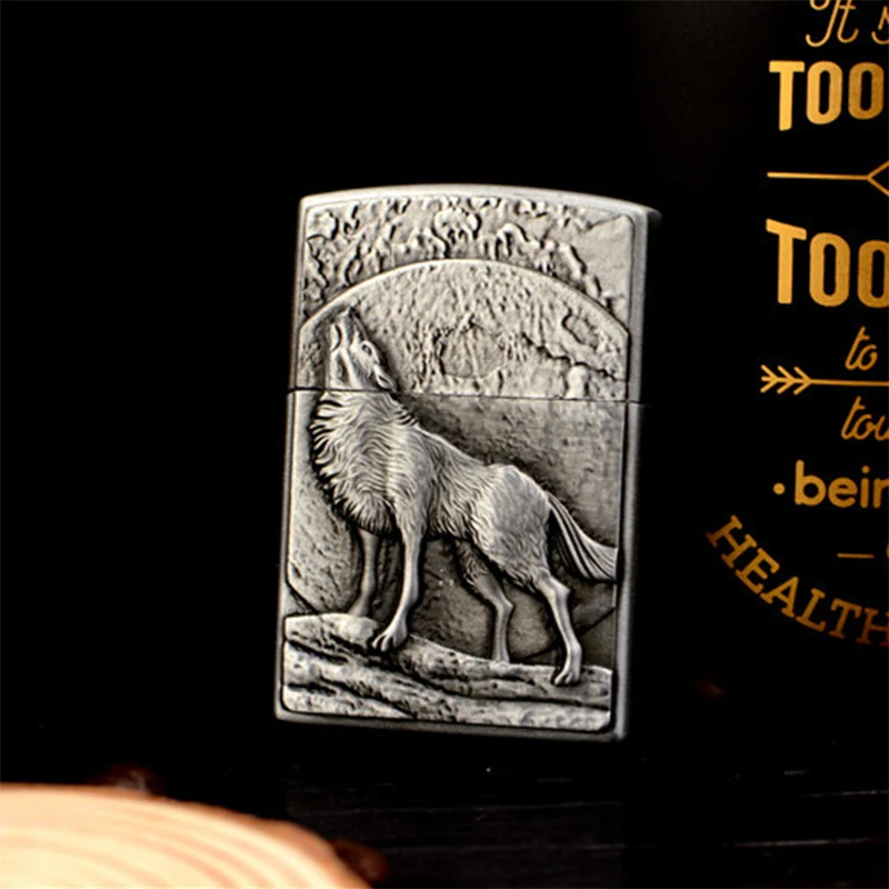 Винтажная рельефная Зажигалка на реактивных колесах Wild Wolf& Moon портативная сигаретная дымовая надувная Классическая Бутановая газовая зажигалка