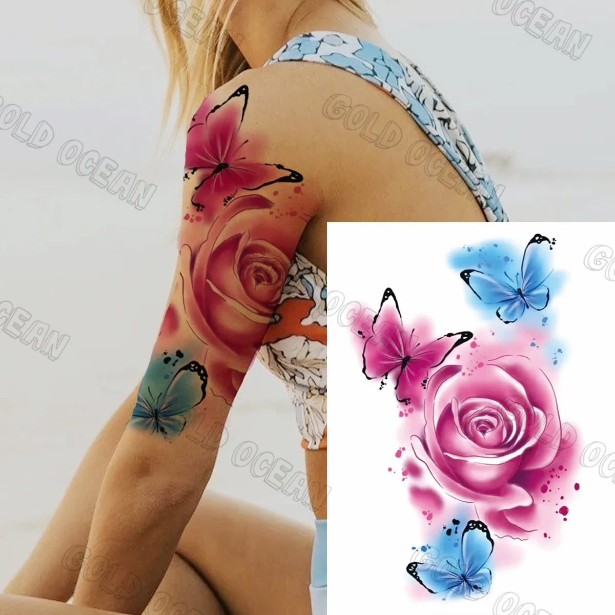 

Watercolor Flower Butterfly Compass Temporary Tattoos For Women Girls Gun Geometric Tiger Fake Tattoo Sticker Sexy Arm Tatoos