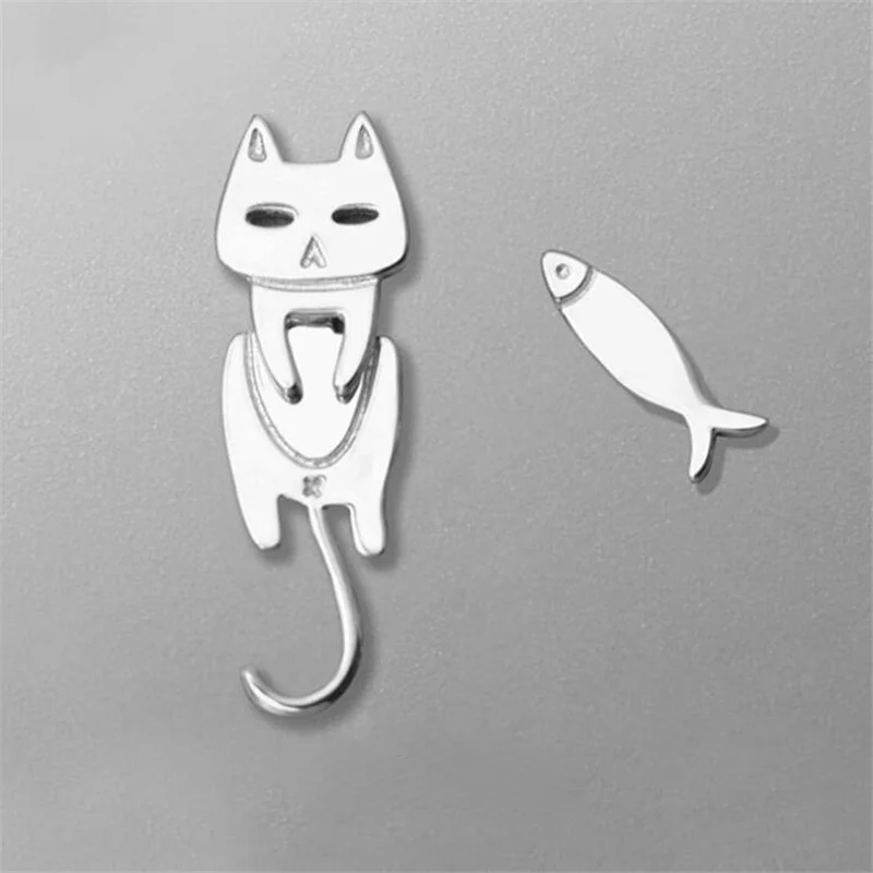 

A Cat and A Fish Ear Studs Simple Fashion Asymmetrical Earrings Small Jewelry