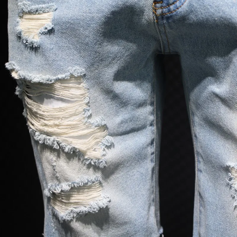 

Light Blue Hole Denim Shorts Men Vintage Slim Casual Knee-Length Shorts Street Summer Zipper Tassel Cowboy Straight Shorts