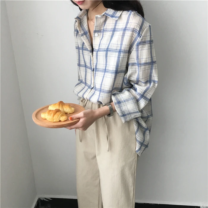 

sweet plaid turn-down collar full Spring and autumn style cardigan Women's Clothing shirts temperament ladies tops high quality