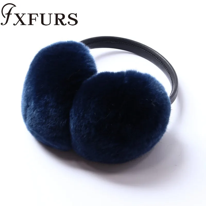 dark blue FXFURS/ женские модные меховые наушники с кроликом Рекс, с кожаной полкой, зимние теплые меховые наушники для девочек, меховые наушники - Цвет: dark blue