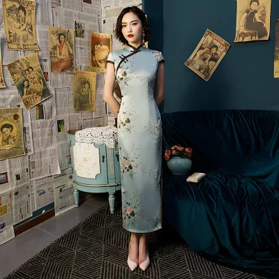 5508-blue qipao 13 цветов плюс размер 4XL китайские платья Чонсам современное длинное женское шелковое платье Ципао в китайском стиле элегантное традиционное платье - Цвет: 5508-blue qipao