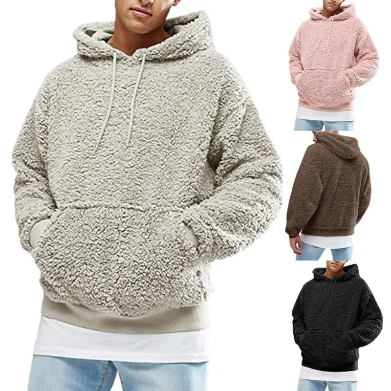 Men's Sweatshirts Winter Warm Faux Fur Teddy Bear Hoodies Long Sleeve Hooded Pullover Tops One Piece Jumper | Мужская одежда