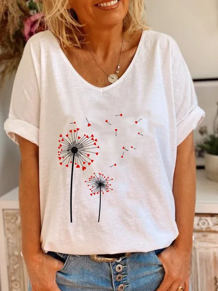 

2020 Plus size Women New Elegant Summer V-neck Fashion Dandelion Print Tees Female Loose Tops Half Sleeve Casual T shirt