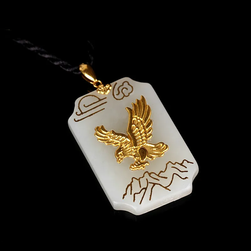 Натуральный китайский белый нефрит мозаика золотой Орел кулон ручной работы