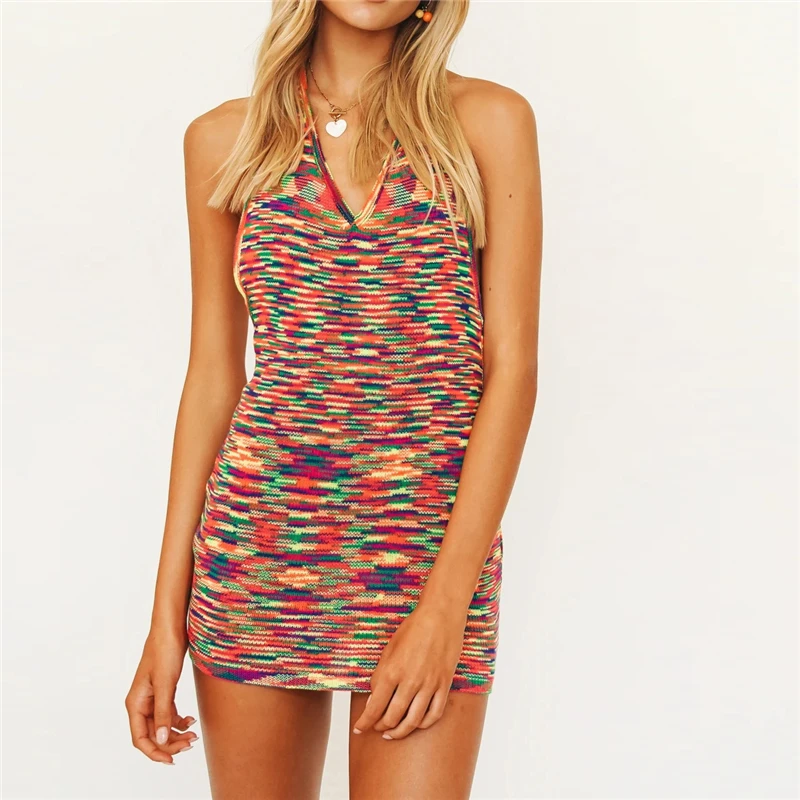 

Casual Halter Sweat Knitted Mini Wrap Tie Dye Mini Women Party Dress 2021 Summer Beach Bodycon Sexy Party Club Ladies Dress