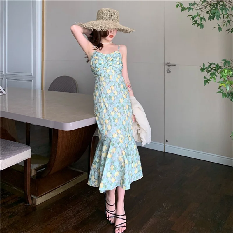 

2021 Summer Women Trumpet V-Neck Zaraes Strap Floral Korean Style Beach Vintage Slim Sexy Lady Simple Chic Elegant Boho Dress