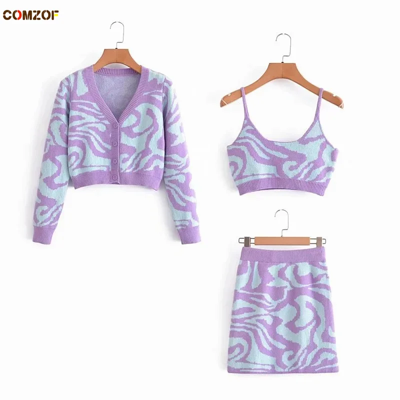 

2021 Autumn Cardigan+Tank Tops+Skirt High Waist Women Knitting 3 Piece Set V-Neck Suits Clothes Костюмы с юбкой