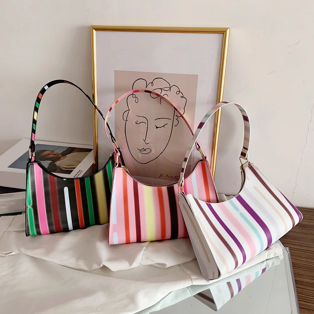 

Fashion Women Color Stripes Printing PU Leather Shoulder Underarm Bags Casual Ladies Hobos Handbags Purse