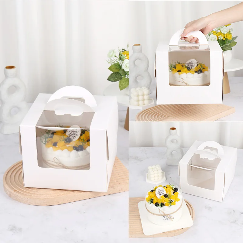 

50Pcs/Lot 4/6/8 Inch Window White Cake Box With Handle Kraft Paper Cheese Cake Box Kids Birthday Wedding Home Party Supply