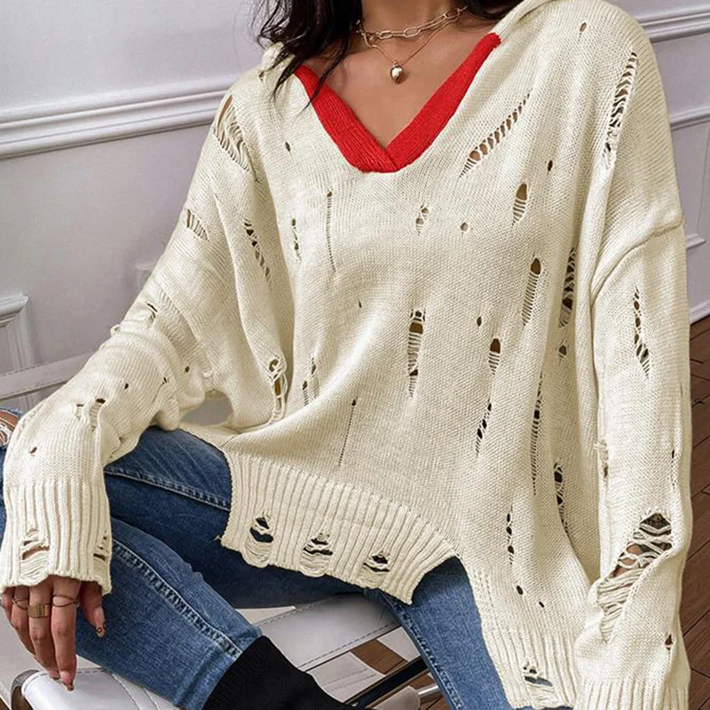 

Women Sweater V Neck Knitted Fashion Leisure Knit Sweater Basic Ripped Simple Top Women Hooded Elegant Female Clothes Women