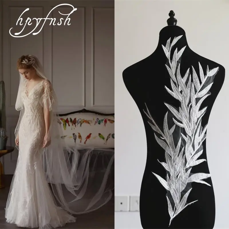 

Французское кружево ручной работы, 3D аппликация для свадебного платья, «сделай сам», свадебная вышивка, бамбуковые листья, цветы, слоновая к...