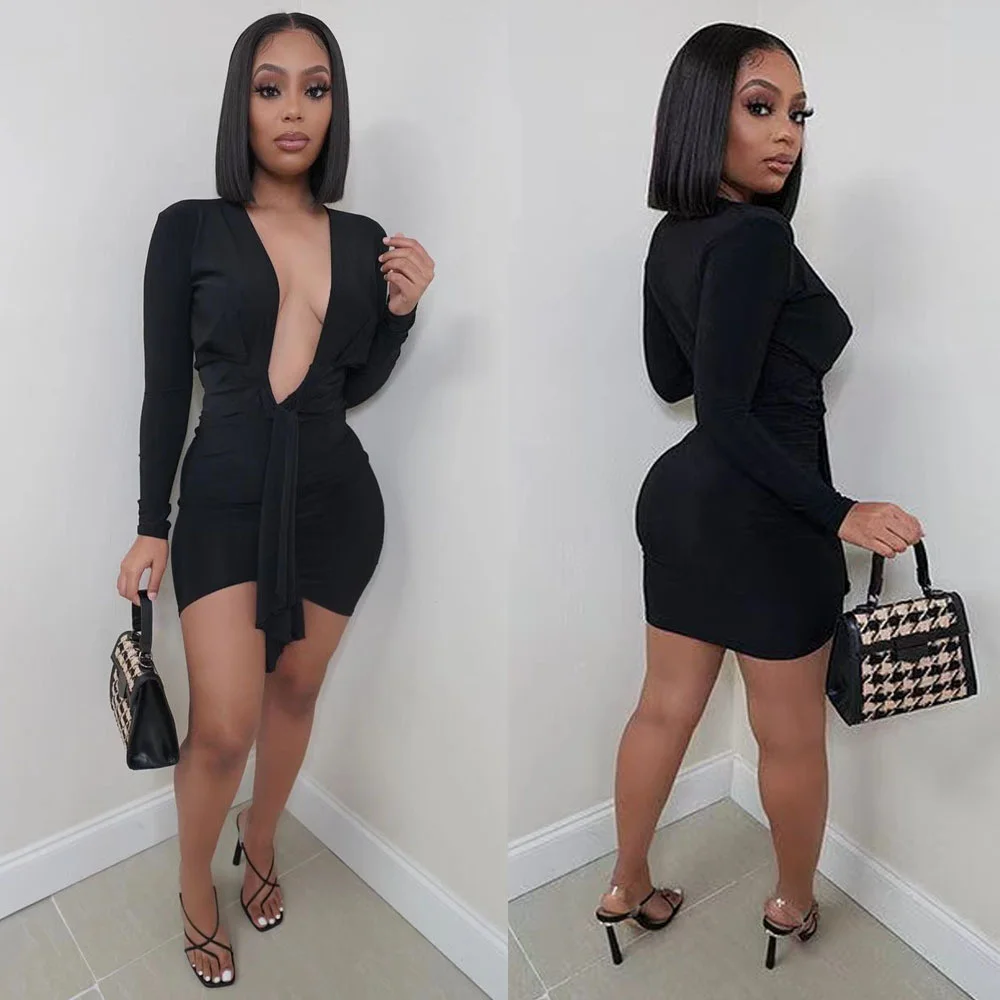 Облегающее мини-платье с длинным рукавом и глубоким V-образным вырезом для женщин