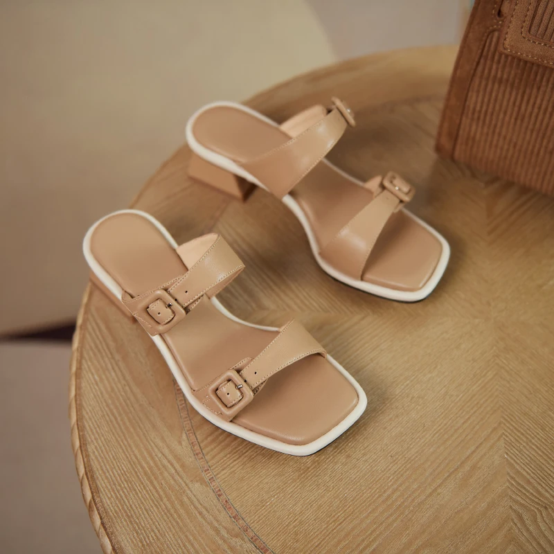 

Retro Shoes For Women buckle Thick med Heels slippers Women 2021 Summer Genuine Leather Working Party Shoes Woman