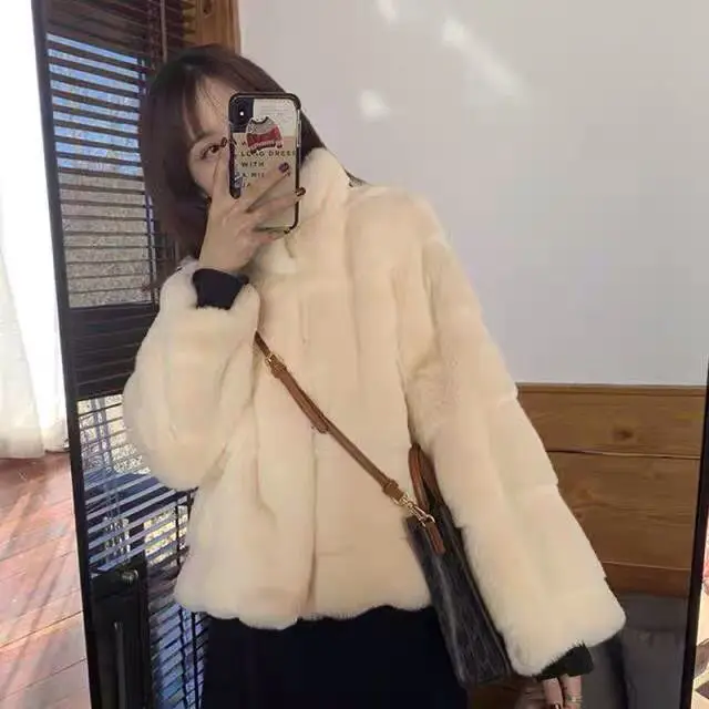 Lady's fur coat Winter new style imitation mink coat women's stand collar stripe warm thin tailor-made women Faux fur coat