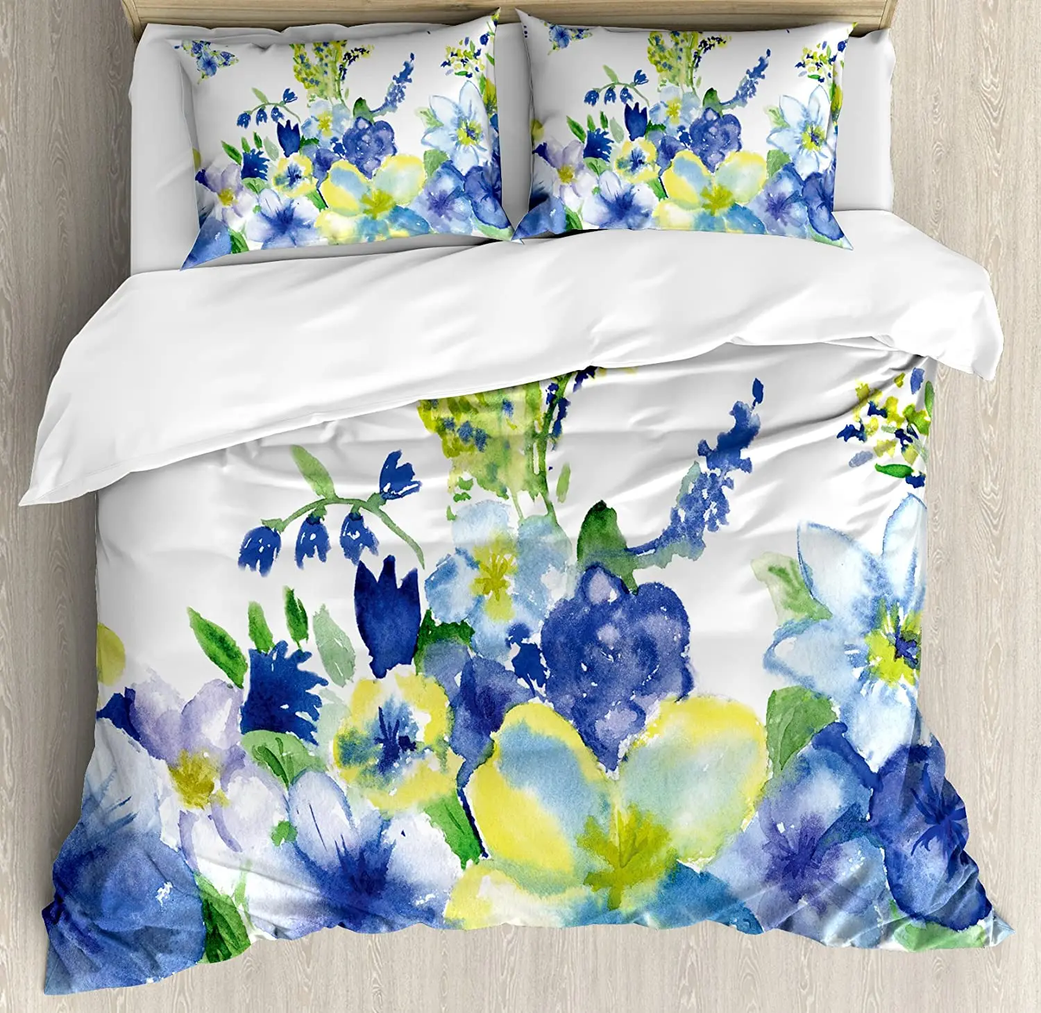 

Ambesonne Yellow and Blue Duvet Cover Set, Spring Flower Watercolor Flourishing Vibrant Blooms Design, Decorative