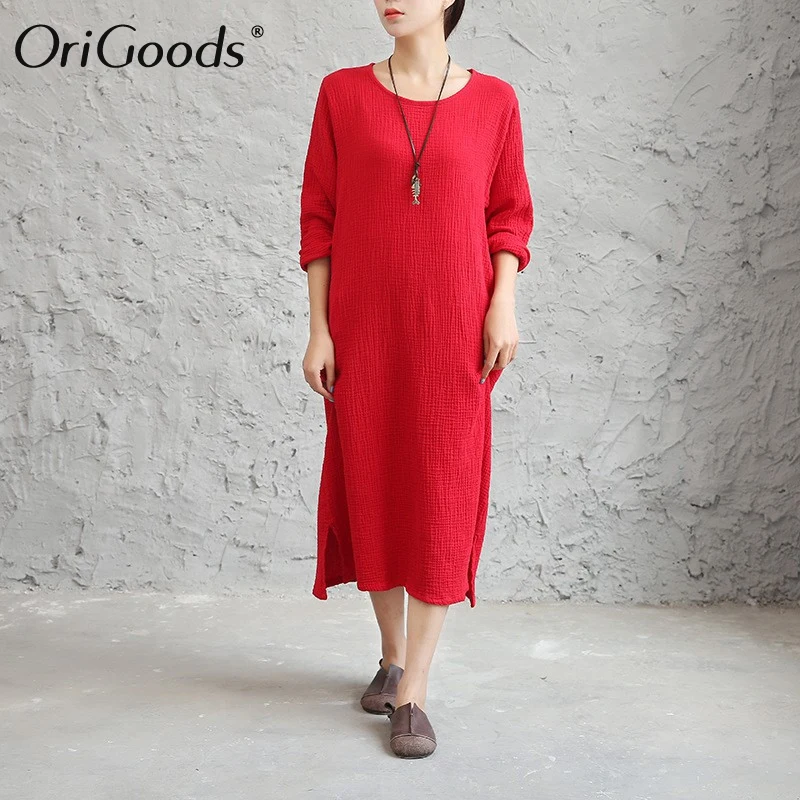 Женское винтажное длинное платье с круглым вырезом и длинным рукавом|knee length