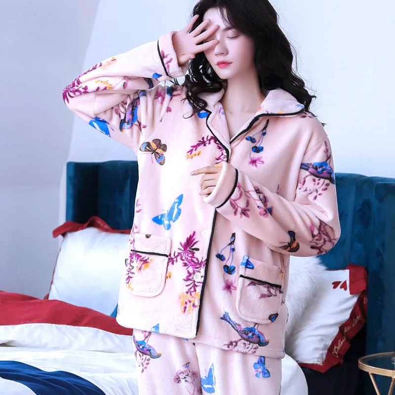 

H5825 Women Pajamas Suit Thicker Plus Velvet Mother Home Clothes Middle Age Female Autumn Winter Long Sleeve Korean Sleepwear