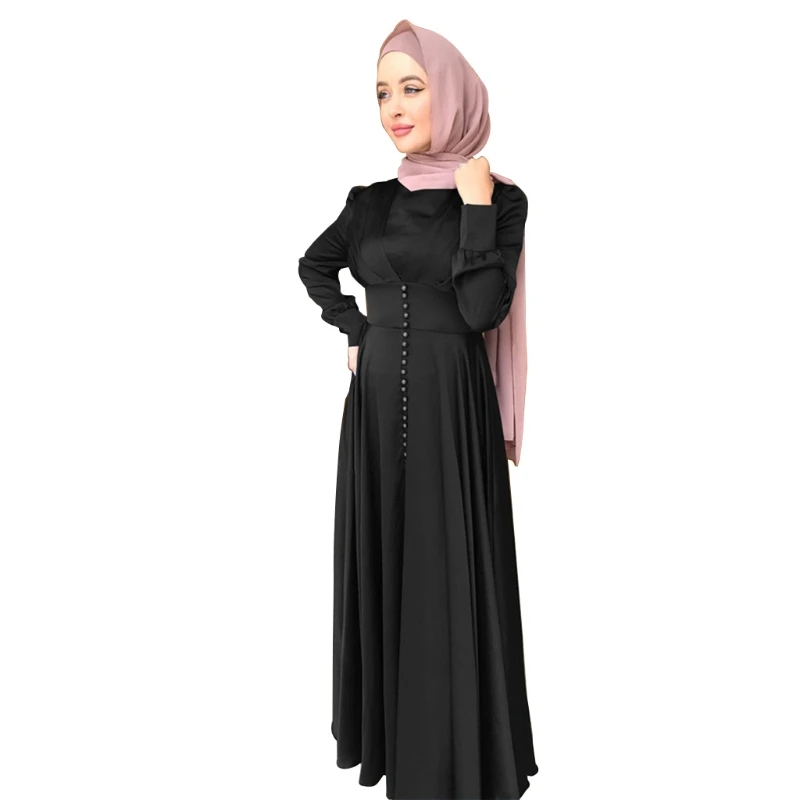 Женское атласное платье макси на пуговицах, длинное однотонное плиссированное платье с завышенной талией и длинным рукавом в исламском сти...