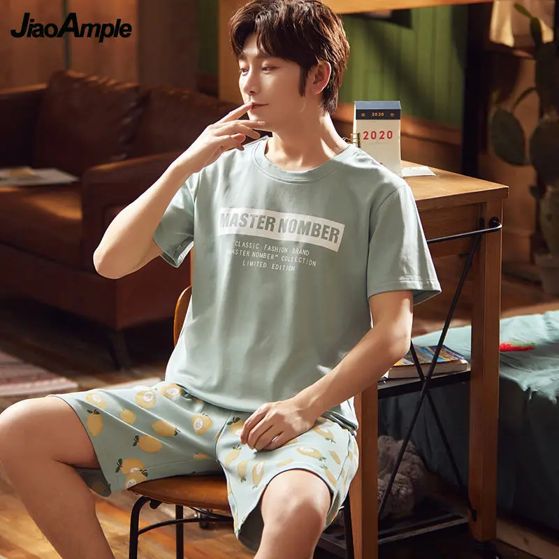 Men's Pajamas Summer Cotton Cute Cartoon Short-Sleeved Shorts Pijamas Two-piece 2022 New Boys Nightie Casual Sleepwear Nightie