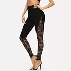 Сексуальные черные кружевные леггинсы, женские облегающие леггинсы с высокой талией, леггинсы с цветочным кружевом и боковой вставкой, леггинсы с вырезами, женские повседневные штаны для фитнеса