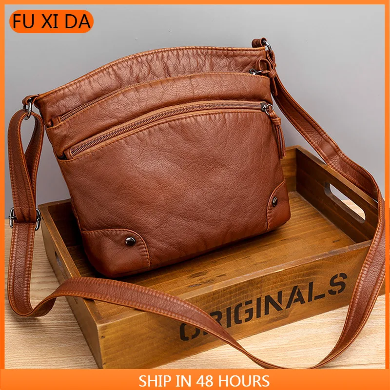 

2021 New Soft PU Leather Shoulder Bag Women Retro Messenger Bag Double Zipper Female Crossbody Bag Big Capacity Daily Handbag