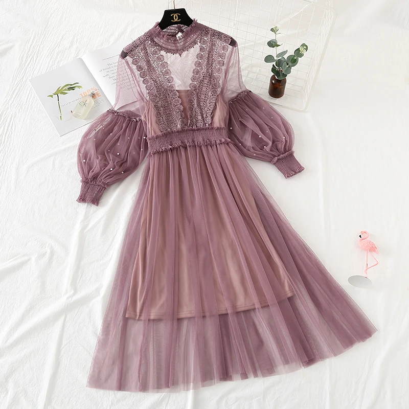 2021 Новинка в Корейском стиле Кружевное платье из тонкого сетчатого полотна для