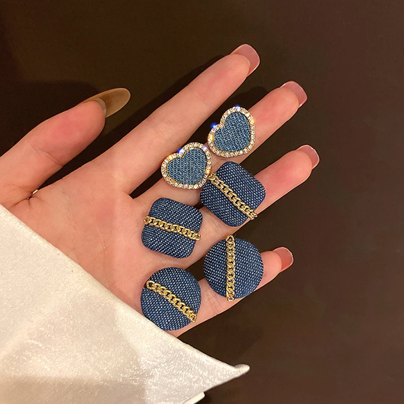 

Denim Blue Earrings Bowknot Round Ear Studs Square Ear Jewelry Chains Personality Geometric Earrings Winter Drop Earrings Heart