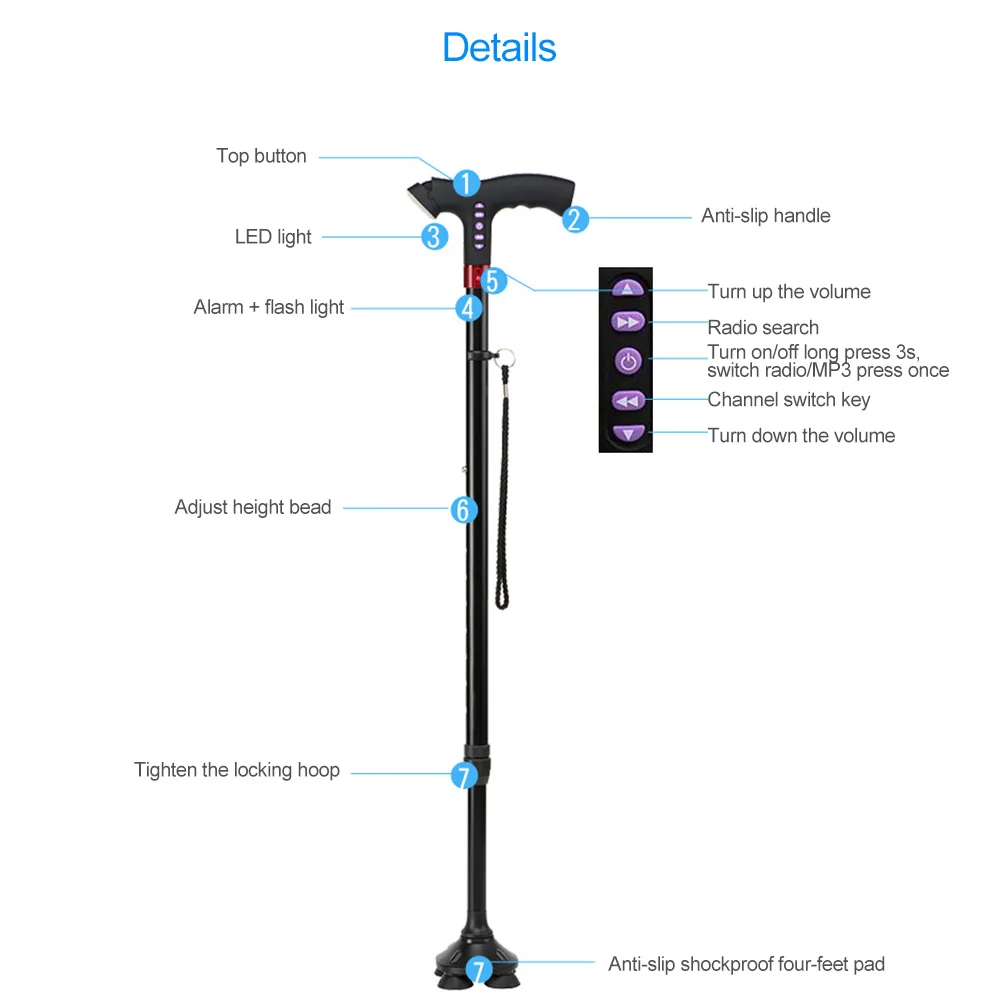 Палочки для ходьбы пожилых мужчин и женщин регулируемая модель трость FM радио MP3