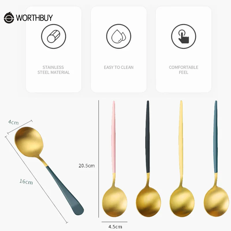 

WORTHBUY Gold Dinner Soup Spoon Stainless Steel Tea Spoon Coffee Scoop With Long Handle Dessert Table Spoon Kitchen Tableware