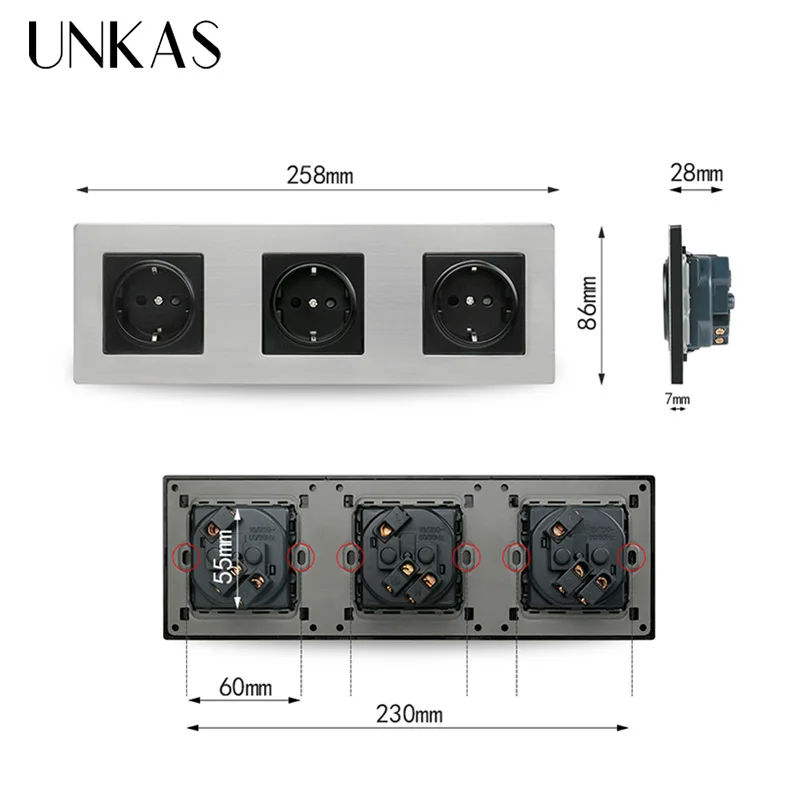 UNKAS двойная настенная розетка стандарта ЕС Нержавеющая сталь Панель 16A + Женский
