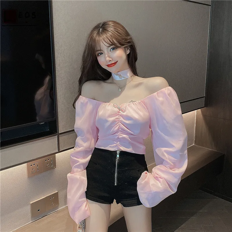 

Sexy Chiffon Long Sleeve Crop Top Shirring Shirts for Women Summer Slim Slash Neck Tees Tops Puff Sleeve Sweet Ladies Clothing