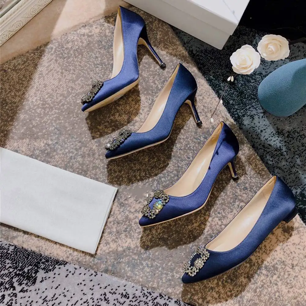 Dark blue 7cm heels Junetxin/женские туфли-лодочки со стразами; элегантные пикантные женские туфли на высоком каблуке; женская обувь с острым носком; женские туфли-лодочки из экстремальной кожи - Цвет: Dark blue 7cm heels
