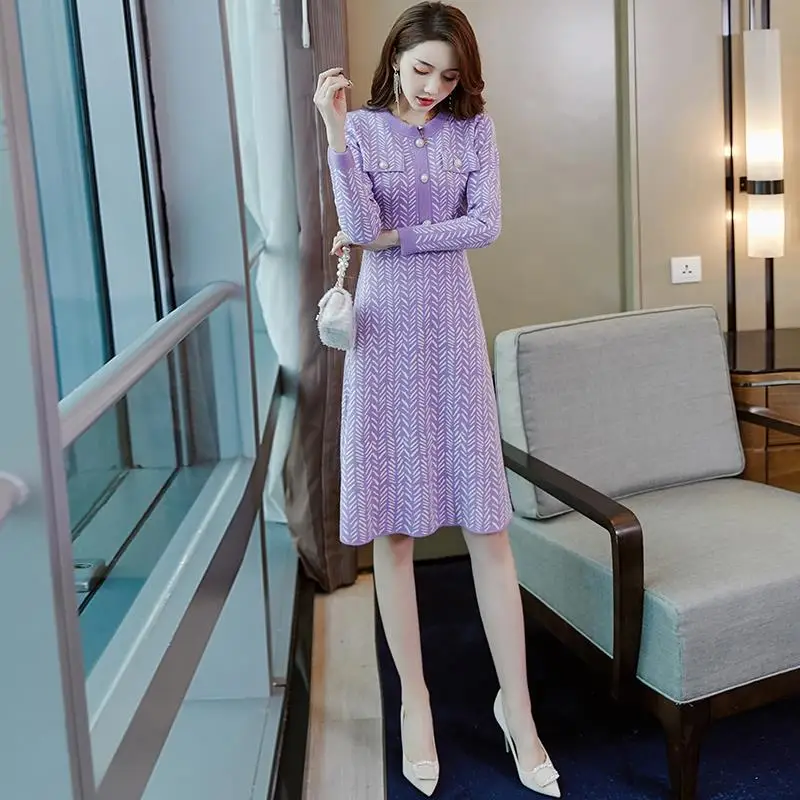 

Women 2021 Spring Autumn Midi A-line Sweater Dress Female Elegant Long Sleeve Knitted Dresses Ladies Slim Waist Vestidos C260