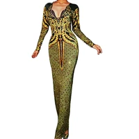 sparkly diamonds women long sleeve dresses gold print skinny stretch floor length dress nightclub singer performance stage wear