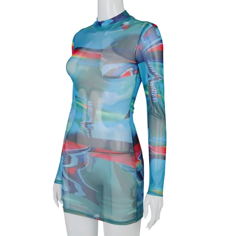 

ThornTree Women Dress Fashion Autumn Long Sleeve Print Skinny Slim Mesh See Through Package Hip Mini Short Dress 2020 Clubwear