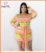 Boho Сексуальный комплект из двух предметов с открытыми плечами, укороченный топ с длинным рукавом+ юбка макси с разрезом, комплекты с трусиками, женские костюмы с радужным принтом