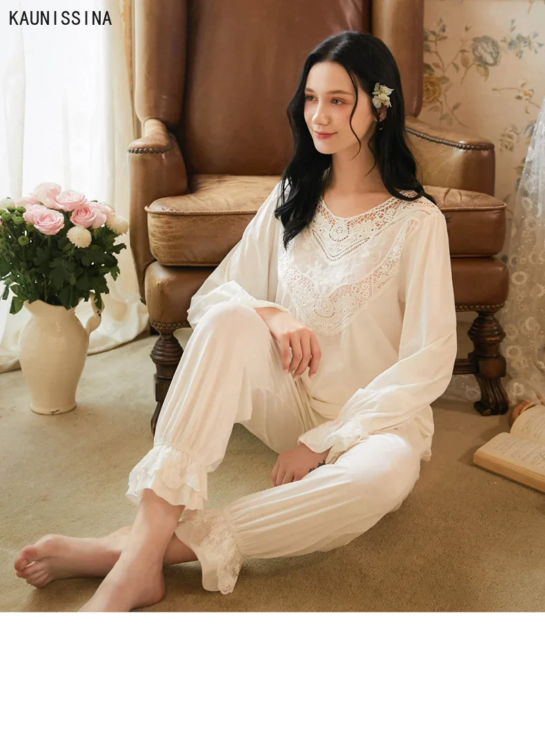 

Women Long Sleeve Cotton Pajamas Suit Female Autumn Retro Loose Plus Size Court-Style Two Piece Lace Sleepwear Princess Pajama