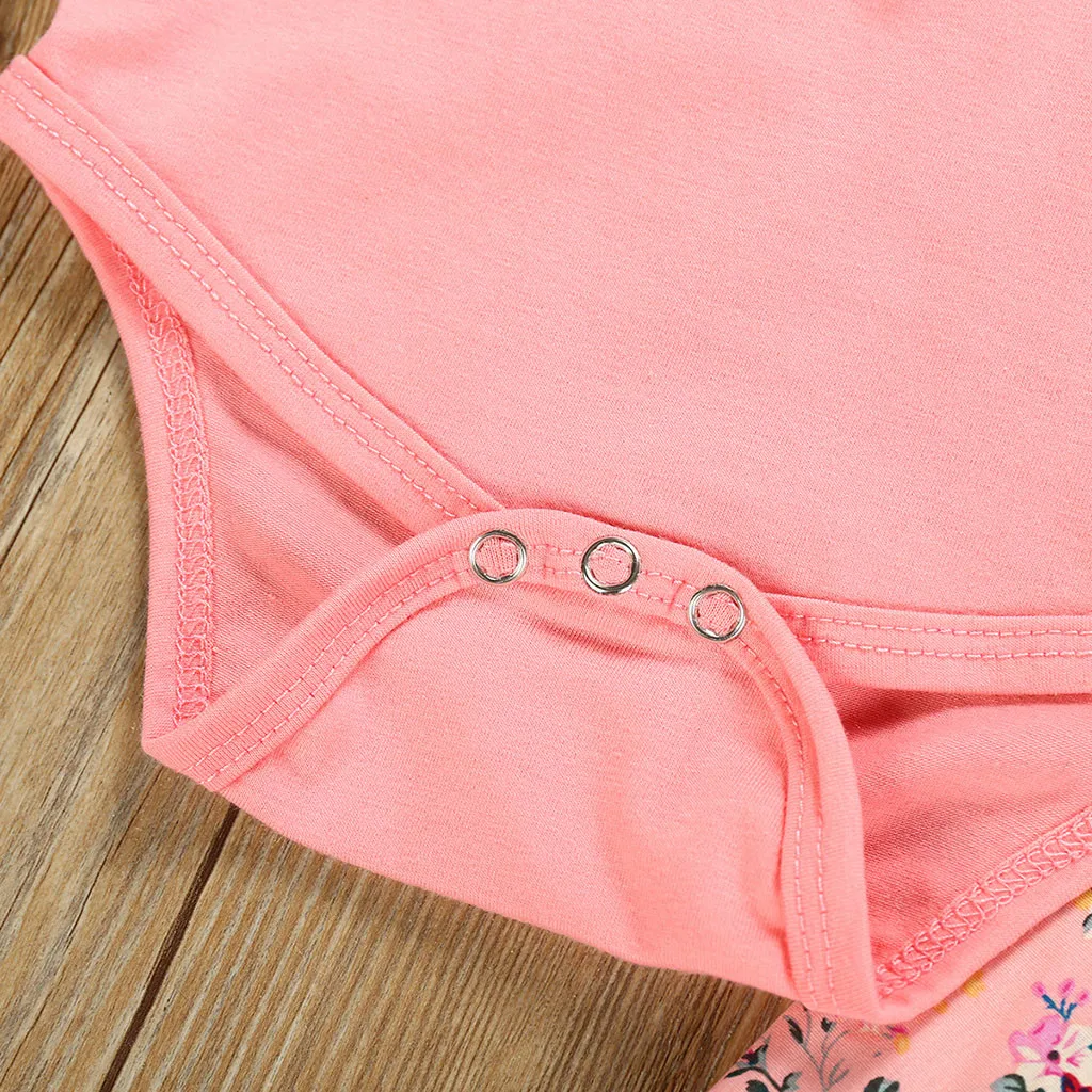 

2021 New Summer Infant Baby Girls Fly Sleeve Ruffles Love Bodysuit Romper+Floral Pants Outfits Infant Clothes Set Clothes#Y