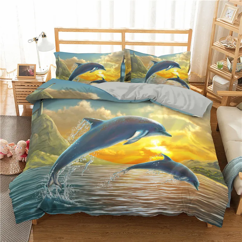 

3D Animal Dolphin Design Duvet Cover Sets Ocean Night Quilt Covers Set Bedding Set King Queen Full Double Single Size Blue Sea