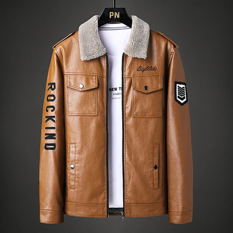 

Classical Motorcycle Leather Jackets 2021 Spring Men's Coat Jacket Slim Cashmere Thickened Lapel Coat Solid Color Leather Coat