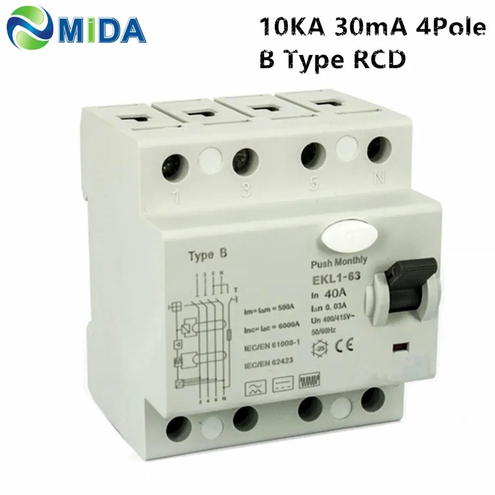 RCCB 4P EKL1 63 10KA 4Pole 30mA RCD 40A /63Amp B Type для зарядного устройства WallBox EV|Переключатели и