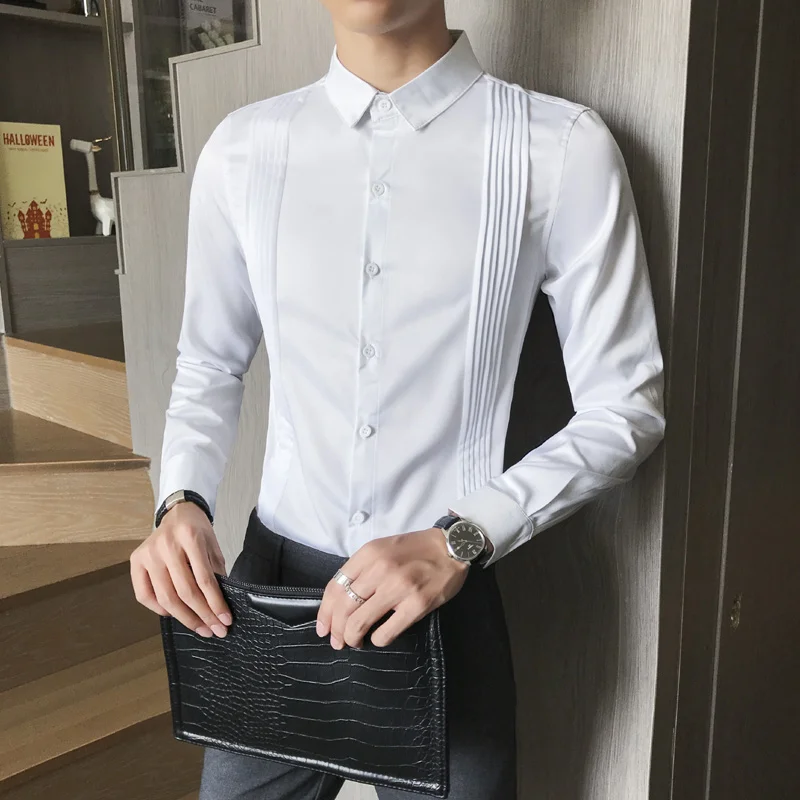 Tuxedo Shirts Men Women Luxury British Style Pleated Gentleman Wedding Men Dress Shirt Long-Sleeved Casual Shirt Clothing