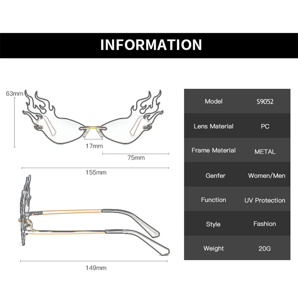

2021 Fashion Fire Flame Sunglasses For Women Men Rimless Cat Eye Sun Glasses Luxury UV 400 Eyewear Hollow Shades Streetwear