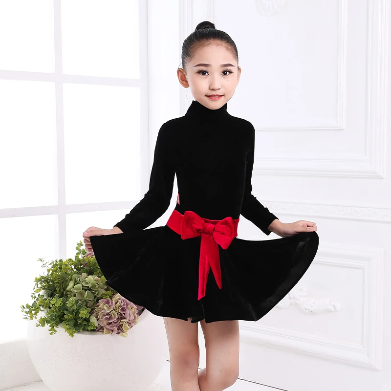 

Children's Dance Dress Long-sleeved Gold Velvet Bow Tie Belt Latin Dance Skirt Female Dance Performance Competition Girl